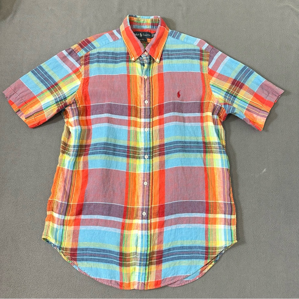 Vintage Ralph Lauren Linen Short Sleeve Button Down Shirt Men Medium Classic Fit